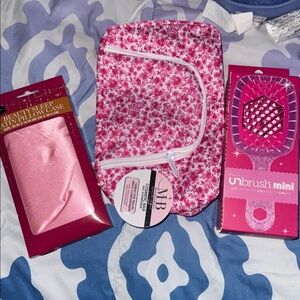 Unbrush with Pink Floral Cosmetic Bag  and Satin Pillowcase set